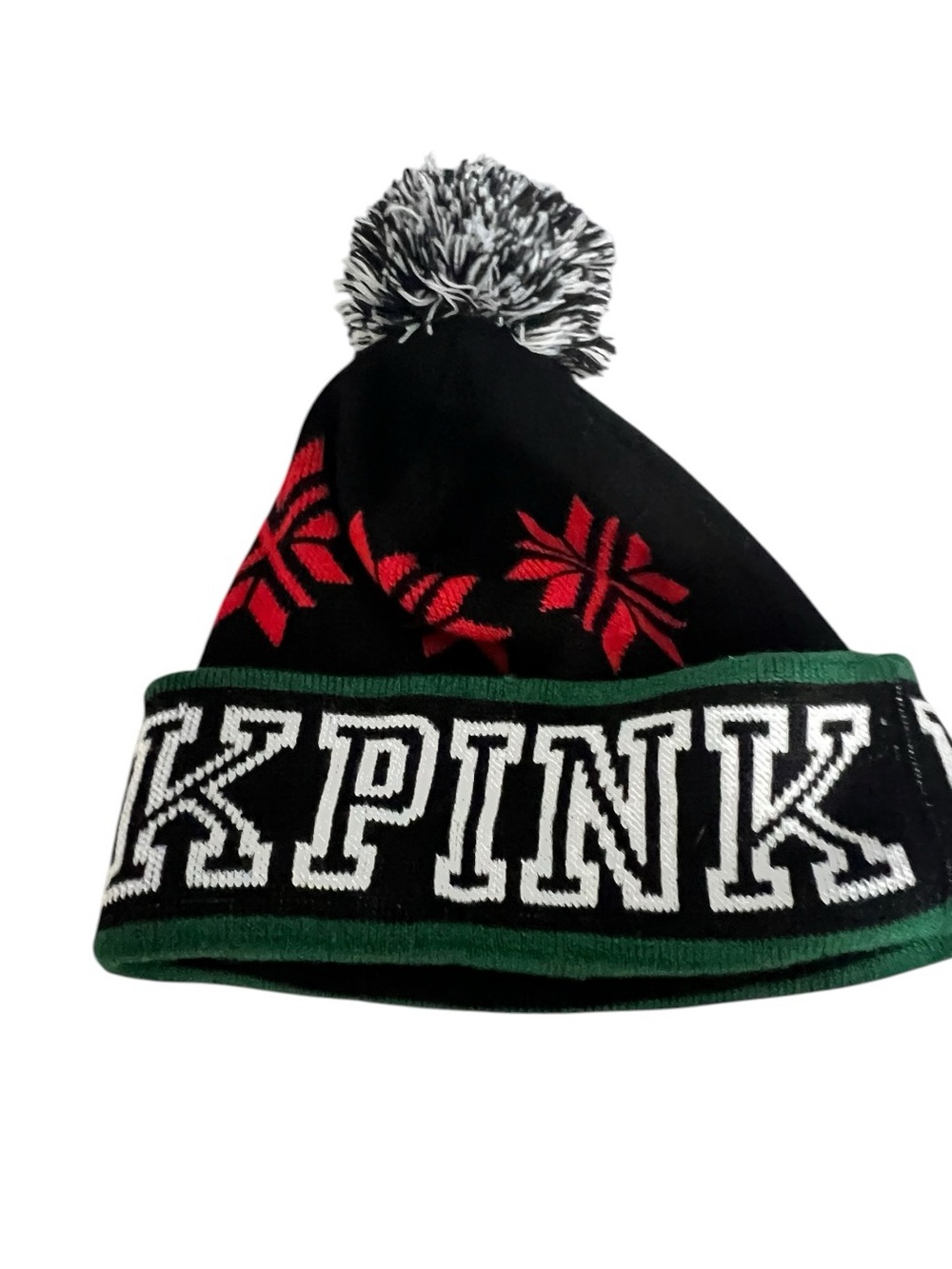 PINK Victoria's Secret Black Beanie with Green Trim and Red Snowflake Details
